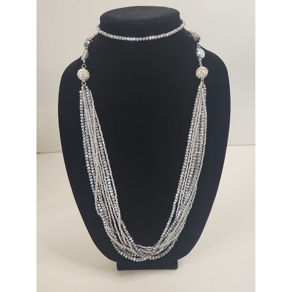 Multi-Strand Statement Necklace Set Faceted Glass Beads Magnetic Pavé Clasp 2pc